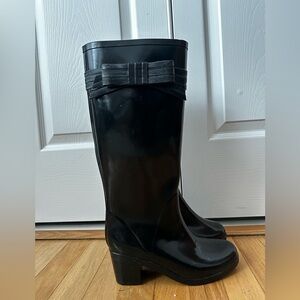Kate Spade New York Black Heeled Rain Boots Bow Detail Knee High